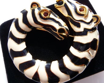 Kenneth Jay Lane KJL double headed Zebra circle brooch pin, 1998 vintage BOOK PIECE