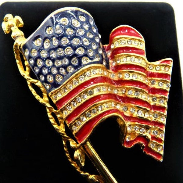 Monet rhinestone 911 American flag brooch pin, red white blue vintage patriotic waving flag, 2001 twin towers, rare