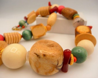 Rustic multi colored turned wooden chunky beads vintage necklace, molded carnelian glass, island beach resort