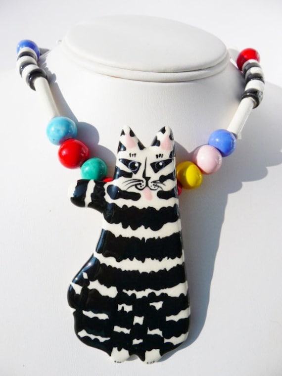 Ruby Z striped cat ceramic necklace, Candace Lohee