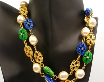 CRAFT Gem-Craft Etruscan Revival Mughal necklace, faux pierced gold beads, white blue green, NOS extremely rare, 31" L