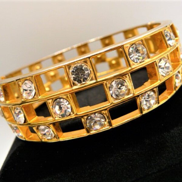 Post modern hinged cage bracelet, bezel set faux diamonds, gold tone, unsigned vintage