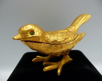 Florenza tiny bird trinket jewelry box, figural collectible, gold tone metal, HTF vintage, 2 7/8"