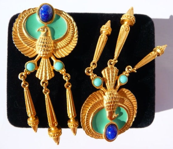Vintage Elizabeth Taylor Egyptian Revival falcon clip earrings, 1993 Liz Taylor for Avon, Phoenix collection, rare