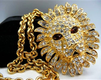 Kenneth Jay Lane roaring lion head  brooch pin/pendant necklace, rhinestone pave', signed KJL vintage, rare chain 28" L