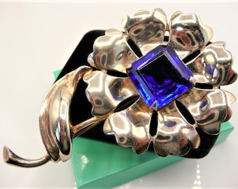 Large sterling silver wild rose flower brooch pin, huge cobalt blue sapphire cut glass stone, 1940s vintage