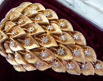 Arbor botanical leaf pine cone pin brooch, gold tone clear rhinestone, unsigned vintage, mid century