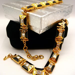 Vintage Monet choker collier necklace, black enamel, faux diamonds, SMALL (17 3/4" L)