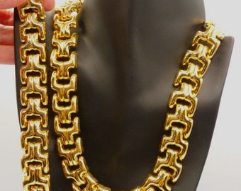 Shiny gold tone fancy link bold statement necklace bracelet set, unsigned vintage, necklace 18.5" bracelet 7"