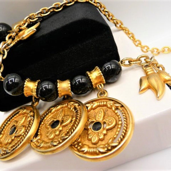 French military style dangling fleur de lis coins necklace, gold tone black enamel, unsigned vintage