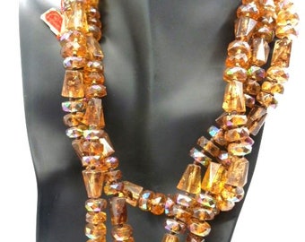 European "Winey Creations" necklace clip earring set, faceted AB honey whiskey glitter plastic beads, signed vintage, 18"