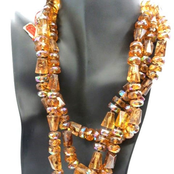 European "Winey Creations" necklace clip earring set, faceted AB honey whiskey glitter plastic beads, signed vintage, 18"