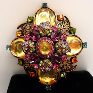 Vintage Joan Rivers Multicol Rhinestone Crystal Flower Gold