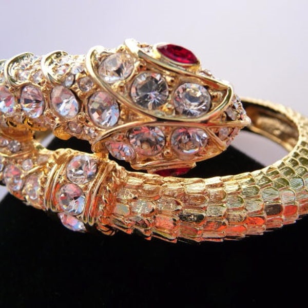 Kenneth Jay Lane rhinestone snake clamper cuff,  Mughal style bracelet faux diamonds rubies, signed KJL vintage