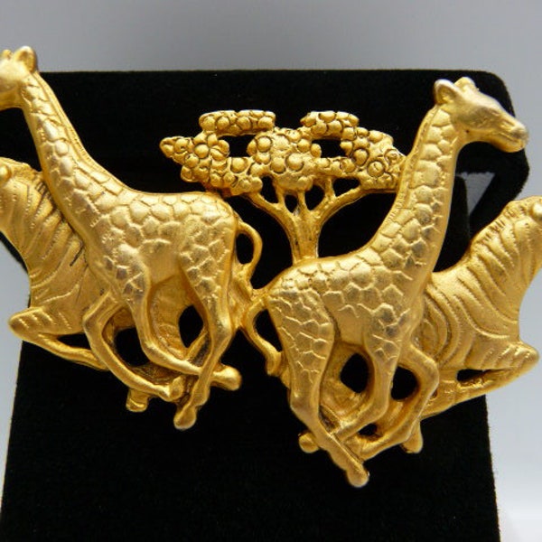 AJC running giraffes zebras brooch pin, matte gold tone, signed vintage American Jewelry Company