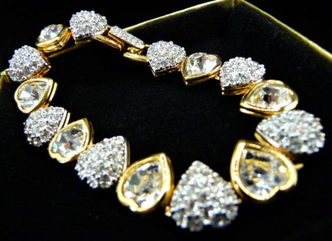 Swarovski SWAN logo crystal rhinestone hearts bracelet gold | Etsy