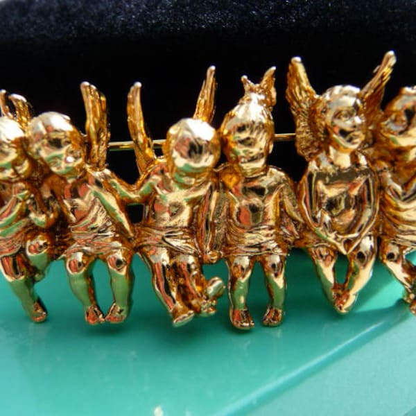 Edgar Berebi ALL in a ROW angels brooch pin, gold tone, signed limited edition, autographed ephemera, retired edition