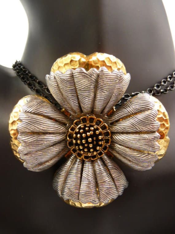 Brass Silver Large Dogwood Flower Pin Brooch, Light Weight Stamped