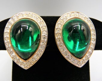 DS Co © faux emerald cabs teardrop clip earrings, known European maker, signed vintage