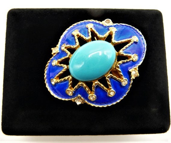 Jomaz Art Deco style blue brooch pin, dark blue e… - image 4