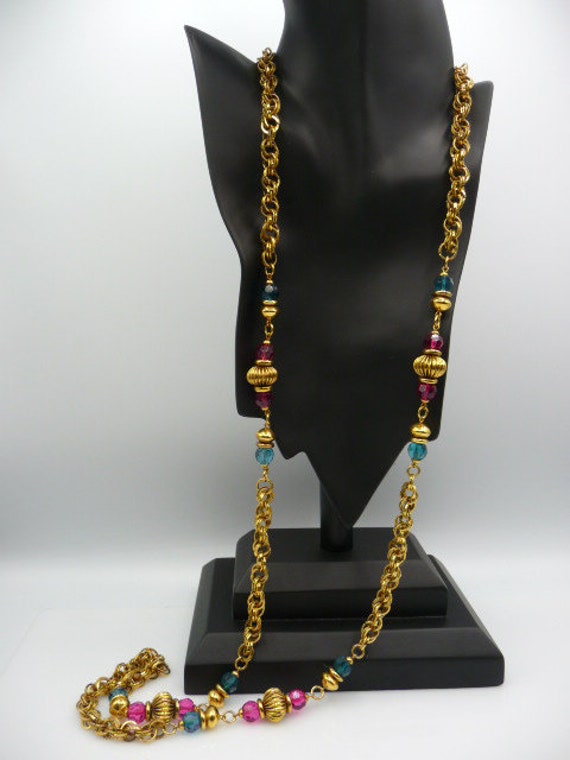 Beaded rope chain necklace, bright blue pink face… - image 5