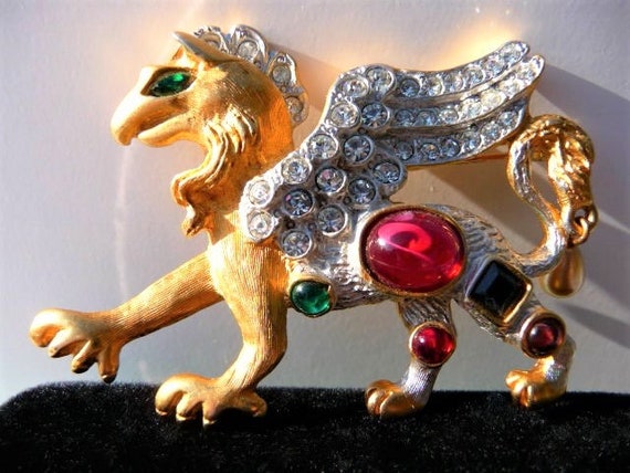 Kenneth Jay Lane griffin brooch pin, jewel encrus… - image 2