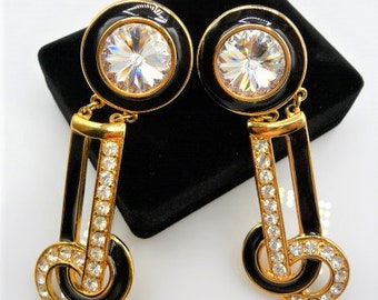 Art Deco style rivoli rhinestone black enamel clip earrings, gold tone, geometric 1980s 1990s vintage