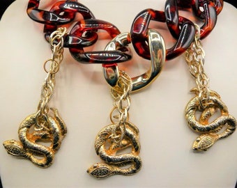 faux turtle shell coiled gold snakes plastic links necklace, gold tone, unsigned vintage