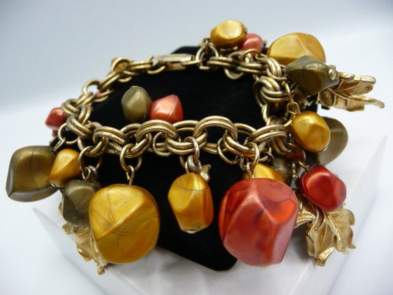 Autumn leaves gold tone charms bracelet, plastic … - image 2