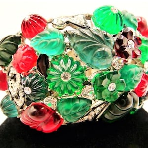 Kenneth Jay Lane rainbow rhinestones Fruit Salad silver tone cuff bracelet, vintage KJL tutti frutti