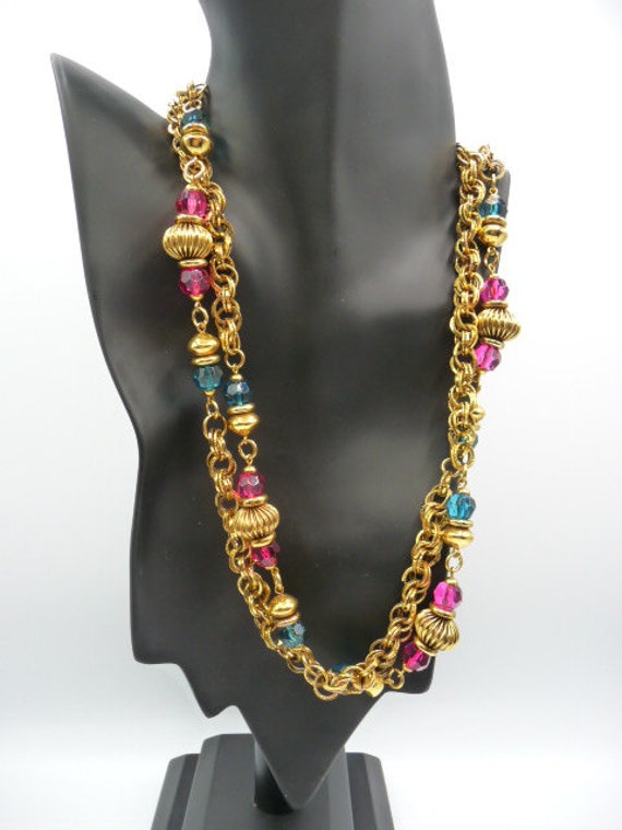 Beaded rope chain necklace, bright blue pink face… - image 7