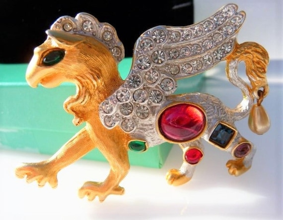 Kenneth Jay Lane griffin brooch pin, jewel encrus… - image 1