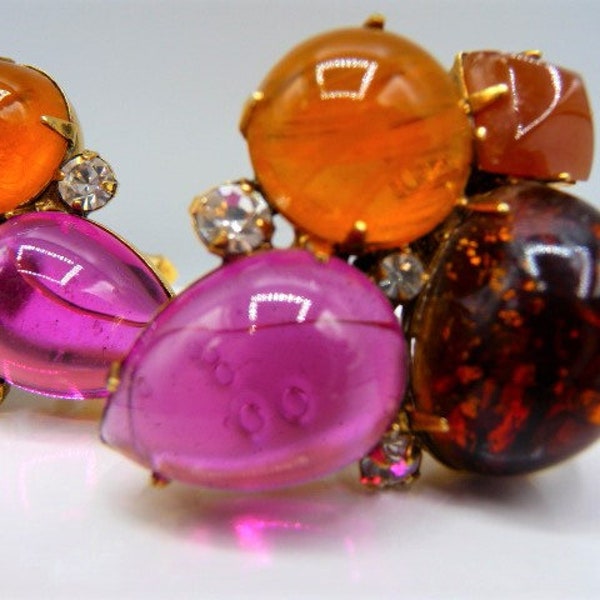 Iradj Moini fancy poured glass clip earrings, dragons breath, fuchsia pink burnt orange, early vintage