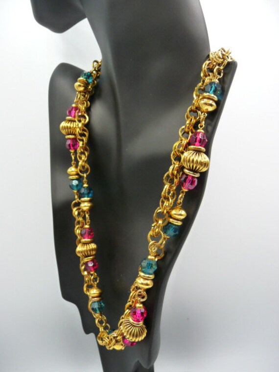 Beaded rope chain necklace, bright blue pink face… - image 3