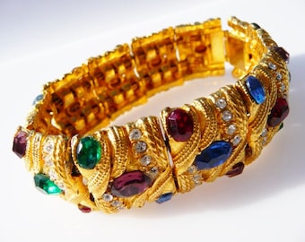 Mughal style bejeweled panel bracelet, jewels of India, rhinestone cabs, gold tone, 1950s 1960s, unsigned vintage