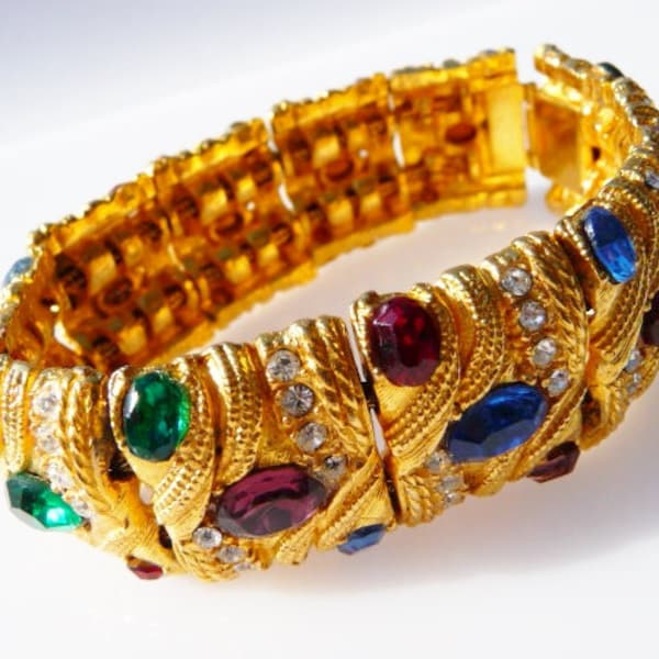 Mughal style bejeweled panel bracelet, jewels of India, rhinestone cabs, gold tone, 1950s 1960s, unsigned vintage