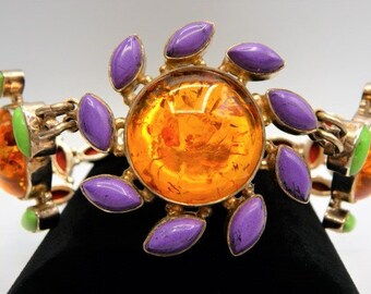 India multi color rainbow sterling link bracelet, semi precious stones, vintage Mughal style, 9 1/2"
