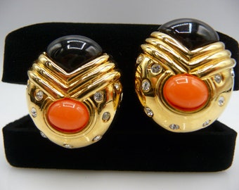 Joan Rivers Art Deco style clip earrings, gold tone, faux coral cabs, black enamel, 1980s 1990s vintage