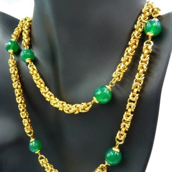 Italian Byzantine chain necklace, emerald green faceted bead stations, unsigned vintage