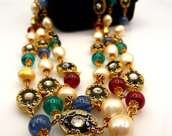CRAFT Gem-Craft Renaissance Revival faux gemstone beaded necklace, green red blue, 17 1/2" L, 3 strand