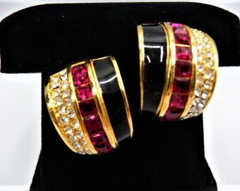 Christian Dior © half circle flags clip earrings, red black crystal, gold tone setting, signed vintage