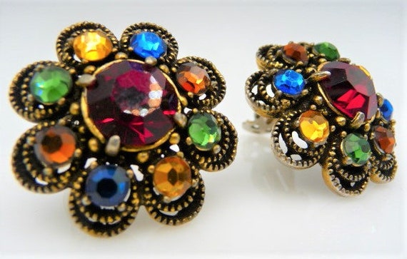 Hollycraft for WEISS clip earrings, rich multi co… - image 2