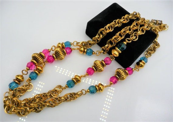 Beaded rope chain necklace, bright blue pink face… - image 9