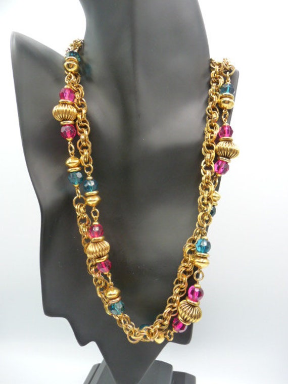 Beaded rope chain necklace, bright blue pink face… - image 4