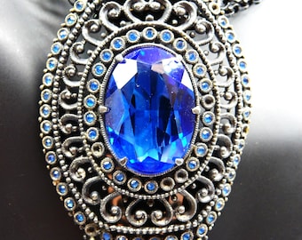 large Czech Art Deco dress clip, silver pot metal, cobalt blue rhinestones, 1930s 1940s unsigned vintage, 2 3/4" L