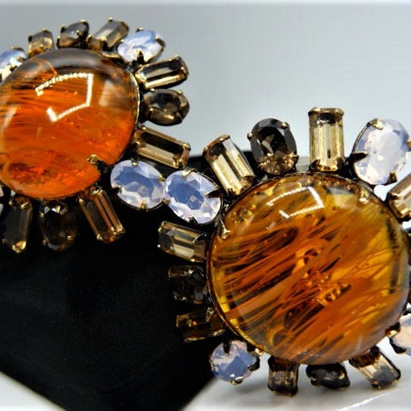 Iradj Moini spectacular sunflower clip earrings, faux whiskey flawed stones antiqued gold settings, signed early vintage