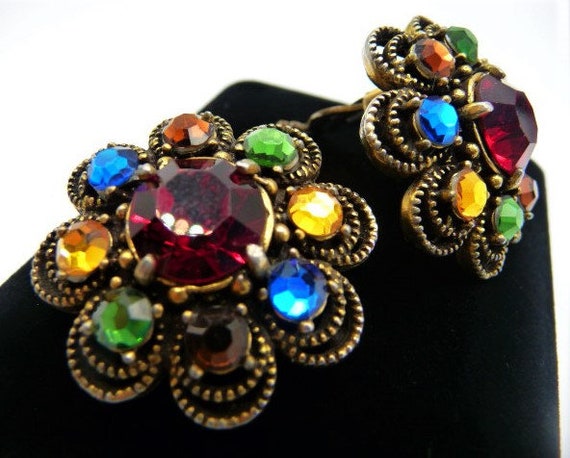 Hollycraft for WEISS clip earrings, rich multi co… - image 3