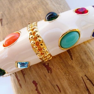 Vintage Kenneth J Lane Mughal jeweled fantasy hinged bangle bracelet cuff, cream enamel rainbow cabs, KJL, SMALL/MEDIUM