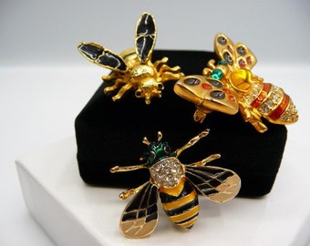 Three little flying bugs scatter pins/brooches, one trembler, enamel rhinestones gold tone, unsigned vintage