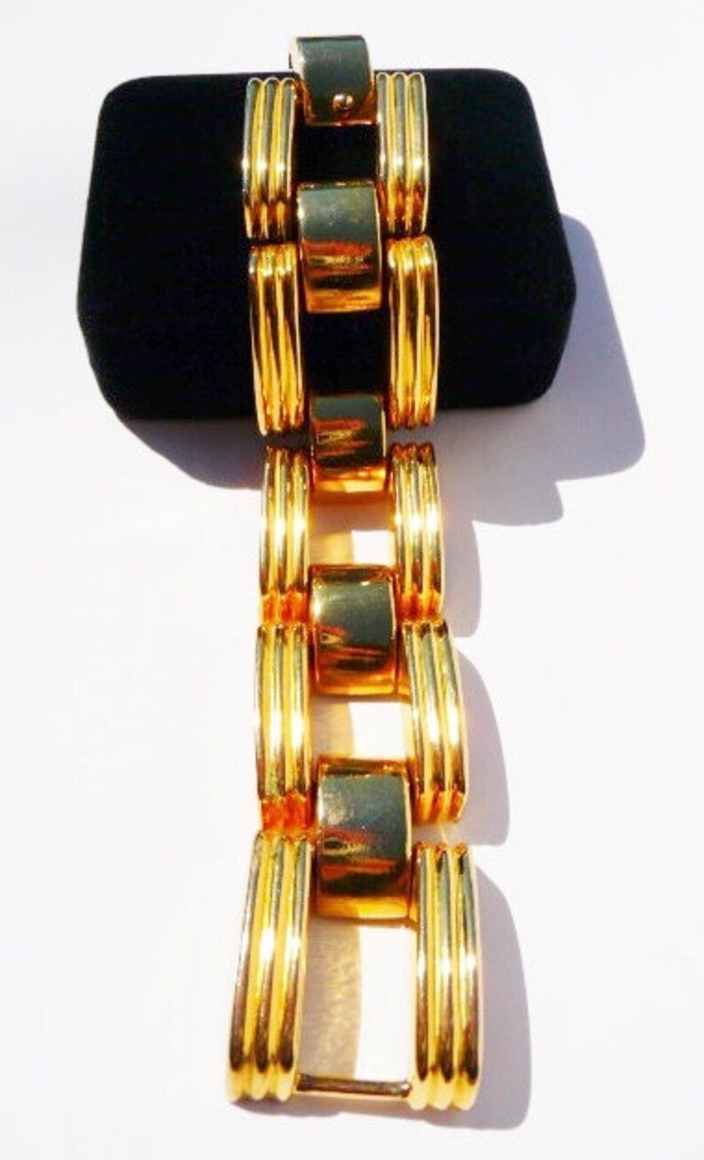 7 14 inches small to medium Ben Amun vintage tank track bracelet shiny gold tone heavy weighty industrial art bracelet